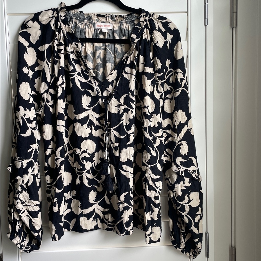 Knox Rose women's black and tan long sleeve peasant blouse NWOT